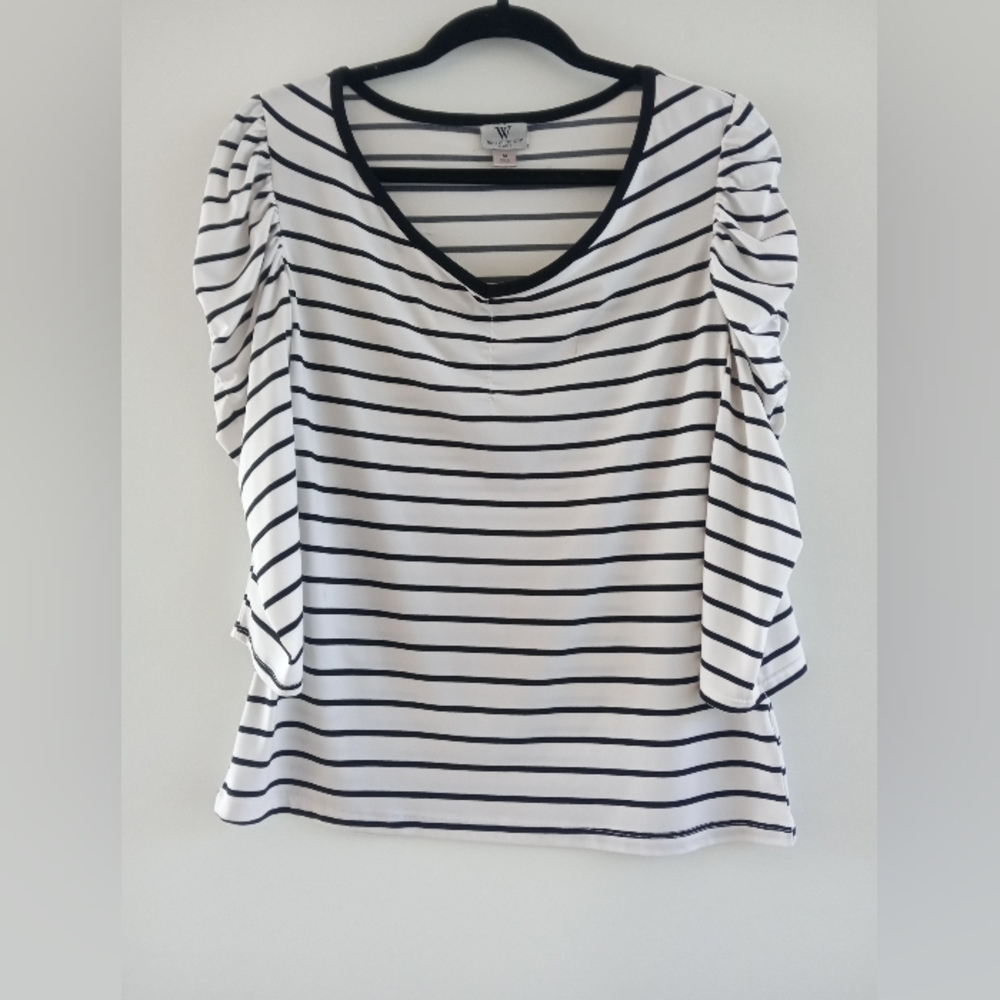 Worthington Striped V-Neck Puff Sleeve Blouse Size M